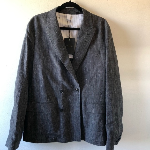 Ted Baker Black Naver-Fine Striped Linen Double-Breasted Blazer 4 40 - Picture 4 of 16